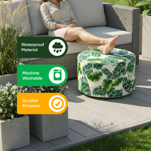 Outdoor Pouf Ottoman – Botanical Green Palm Inflatable Footstool