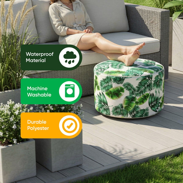 Outdoor Pouf Ottoman – Botanical Green Palm Inflatable Footstool