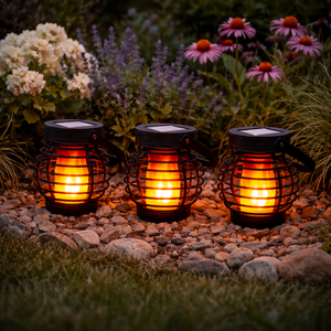 Pack of 3 Solar Hanging Lanterns – Mini Flame Effect LED Lights