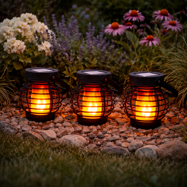 Pack of 3 Solar Hanging Lanterns – Mini Flame Effect LED Lights