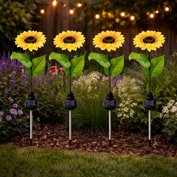 Pack of 4 Solar Sunflower Stake Lights – Warm White LED Garden Lights