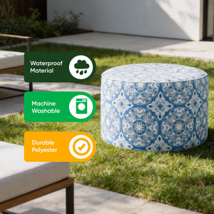 Outdoor Pouf Ottoman – Jacquard Blue Inflatable Footstool