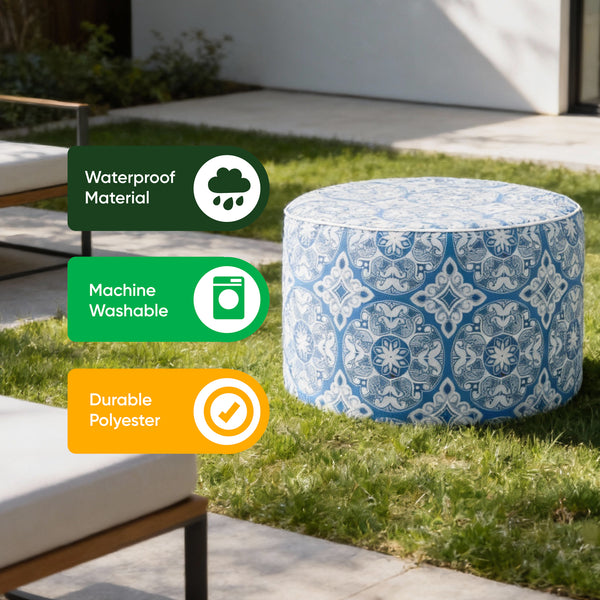 Outdoor Pouf Ottoman – Jacquard Blue Inflatable Footstool