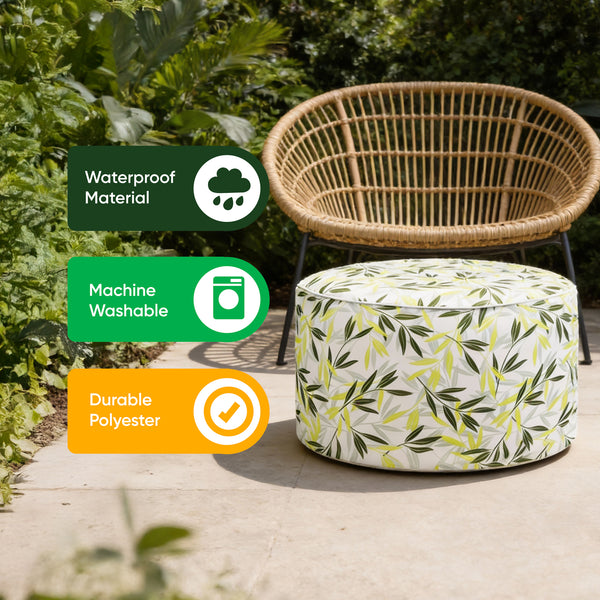 Outdoor Pouf Ottoman – Green/Grey Leaf Inflatable Footstool