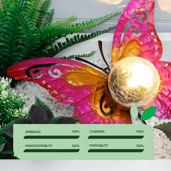 Solar Garden Ornament – Metal Sunset Butterfly with LED Crackle Glass Ball