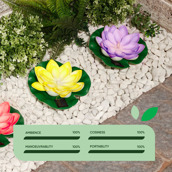 Pack of 3 Solar Floating Lotus Lights – Warm White LED Pond Lights