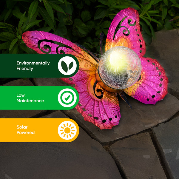 Solar Garden Ornament – Metal Sunset Butterfly with LED Crackle Glass Ball