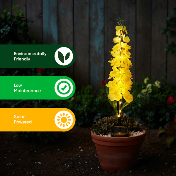 Yellow Delphinium Solar Stake Light – 20 Warm White LED Garden Light