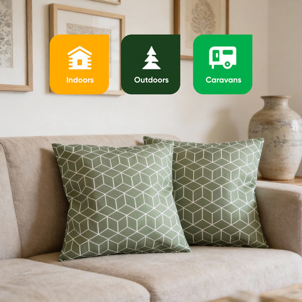 Pair of Outdoor Scatter Cushions – Green Cube Design