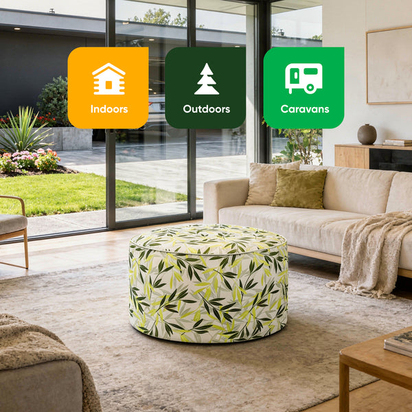 Outdoor Pouf Ottoman – Green/Grey Leaf Inflatable Footstool
