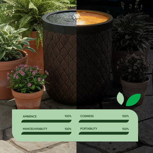 Solar Water Feature – Diamond Weave Barrel Fountain with LED Lights & Battery Backup