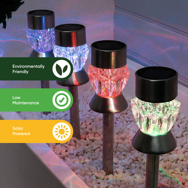 Pack of 4 Solar Round Crystal Stake Lights – Colour Changing LED Garden Lights