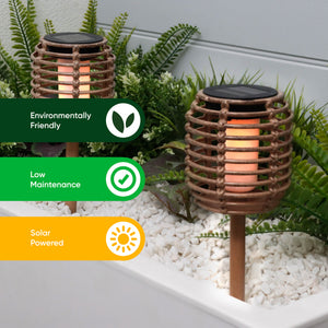 Pack of 2 Solar Rattan Effect Stake Lights – Warm White LED Flame Effect