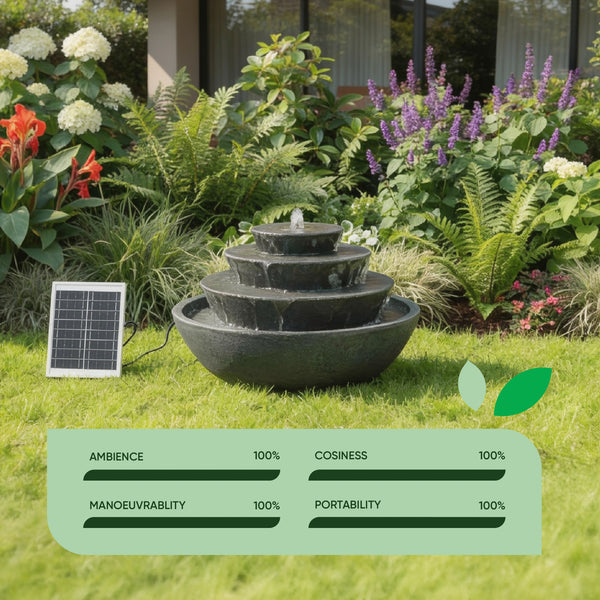 Solar Water Feature – Tiered Stacked Bowl Fountain with LED Lights & Battery Backup