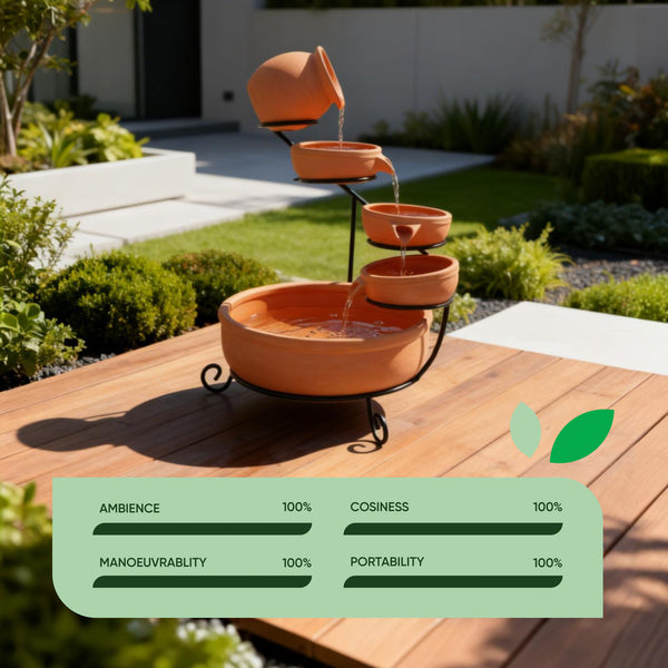 Solar Powered Cascading Terracotta Water Feature – 4 Tier Garden Fountain with Battery Backup