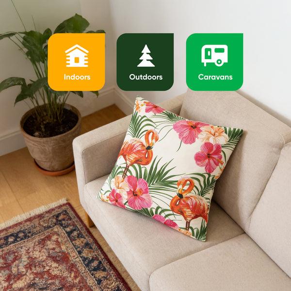 Pair of Outdoor Scatter Cushions – Flamingo Palm Print Design