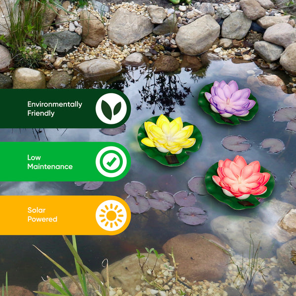 Pack of 3 Solar Floating Lotus Lights – Warm White LED Pond Lights