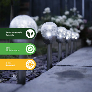 Pack of 6 Solar Stake Lights – Crackle Glass Ball 8cm LED Lights