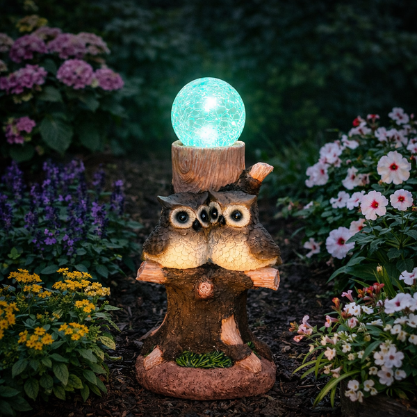 Solar Owl Multi-Colour Ball Light – Colour Changing LED Crackle Globe Garden Ornament