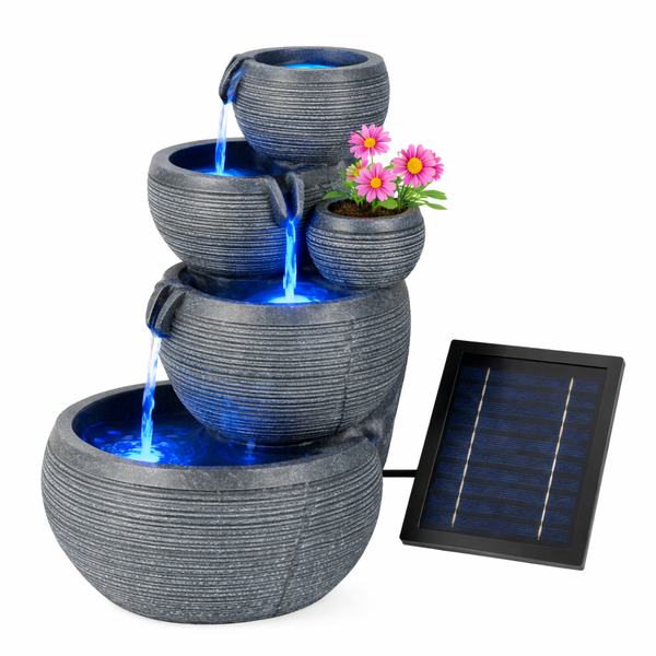 Solar Powered 4-Tier Cascading Bowl Water Feature with Battery Backup & LED Lights, Self-Contained Outdoor Garden Water Feature