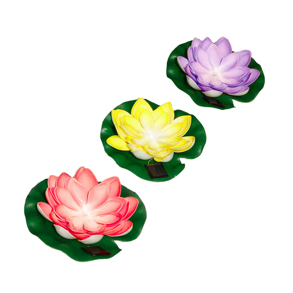 Pack of 3 Solar Floating Lotus Lights – Warm White LED Pond Lights