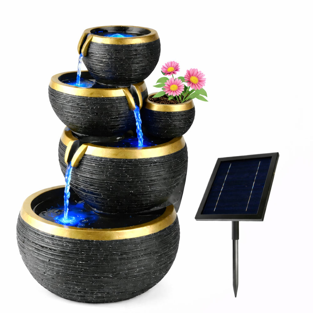Black and Gold 4-Tier Cascading Solar Water Feature with Battery Backup and LED Lights