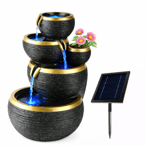 Black and Gold 4-Tier Cascading Solar Water Feature with Battery Backup and LED Lights