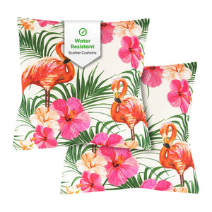 Pair of Outdoor Scatter Cushions – Flamingo Palm Print Design