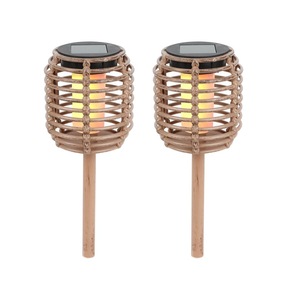 Pack of 2 Solar Rattan Effect Stake Lights – Warm White LED Flame Effect