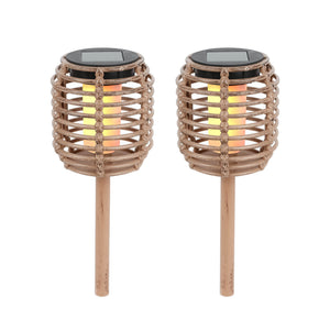 Pack of 2 Solar Rattan Effect Stake Lights – Warm White LED Flame Effect