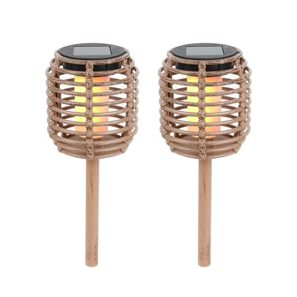 Pack of 2 Solar Rattan Effect Stake Lights – Warm White LED Flame Effect