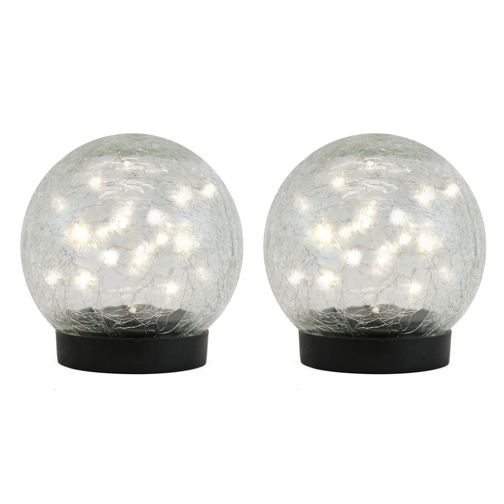 Pack of 2 Solar Crackle Ball LED Lights – Warm White Glass Globe Garden Lights