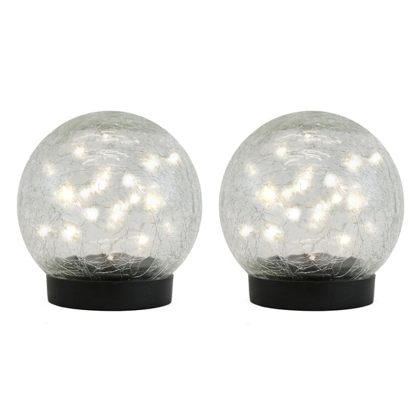 Pack of 2 Solar Crackle Ball LED Lights – Warm White Glass Globe Garden Lights