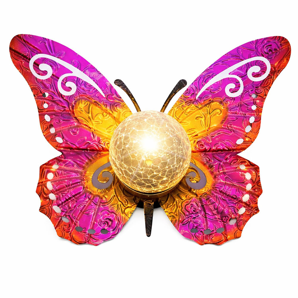 Solar Garden Ornament – Metal Sunset Butterfly with LED Crackle Glass Ball