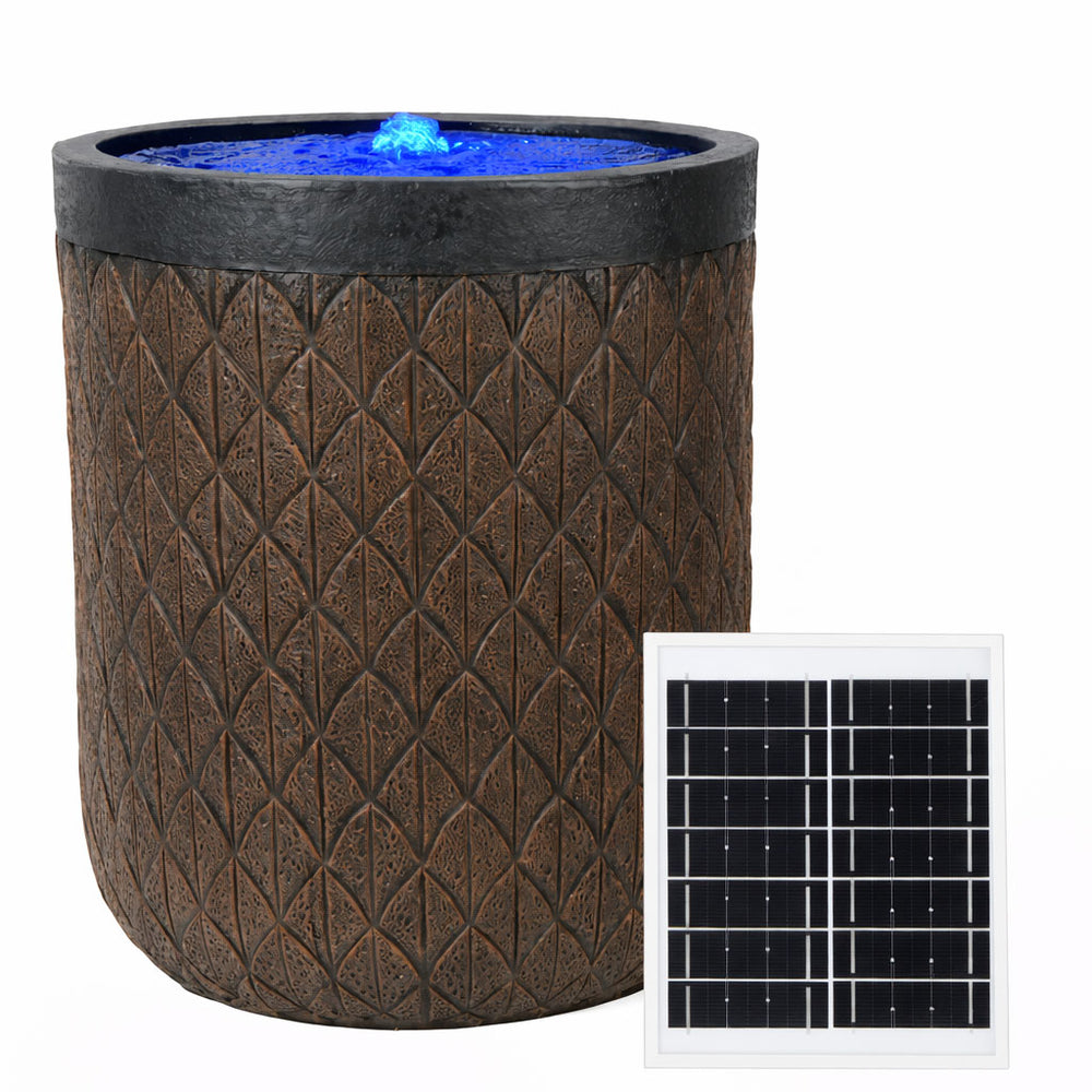 Solar Water Feature – Diamond Weave Barrel Fountain with LED Lights & Battery Backup