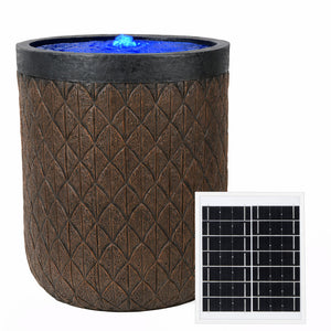 Solar Water Feature – Diamond Weave Barrel Fountain with LED Lights & Battery Backup