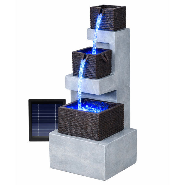 Solar Water Feature – Stacked Blocks Fountain with LED Lights & Battery Backup