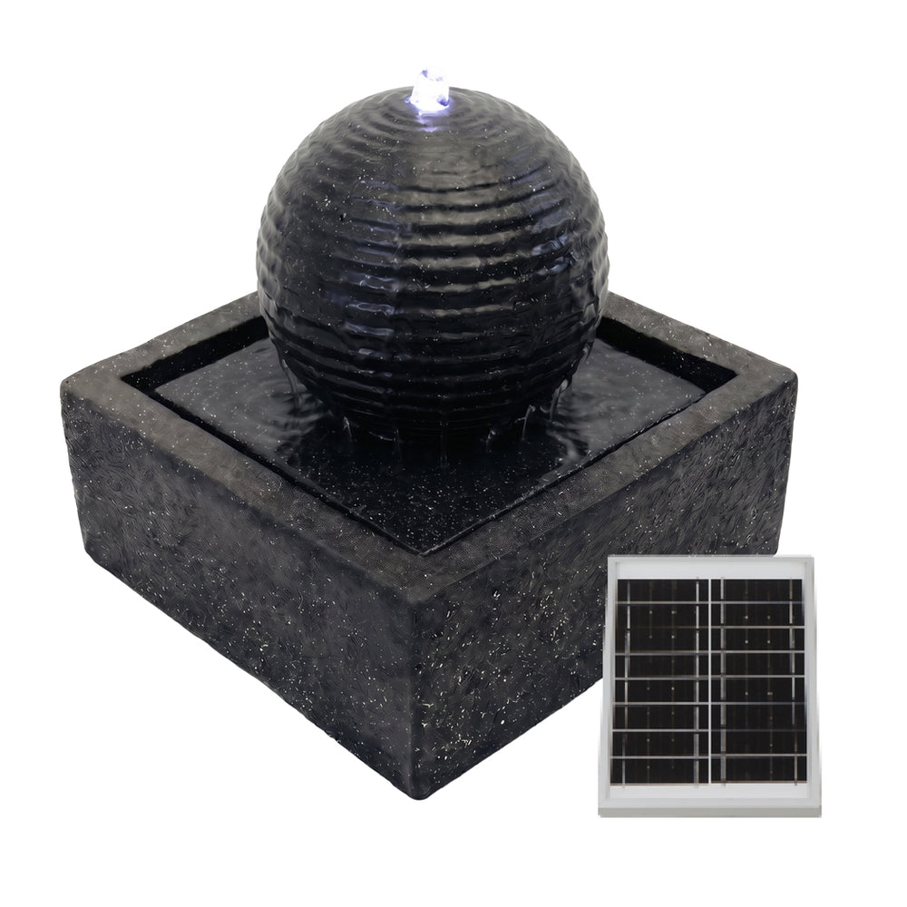 Solar Powered Black Granite-Finish Water Feature with LED Light & Battery Backup