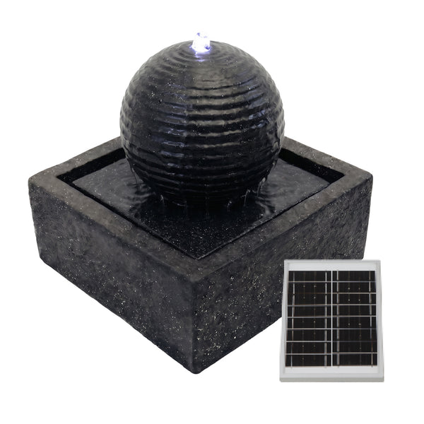 Solar Powered Black Granite-Finish Water Feature with LED Light & Battery Backup