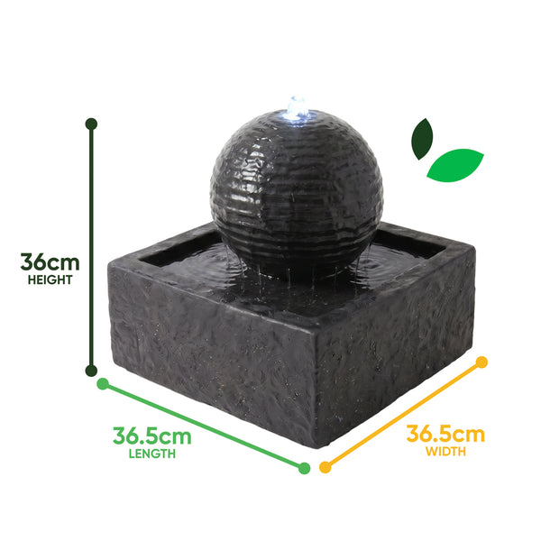 Solar Powered Black Granite-Finish Water Feature with LED Light & Battery Backup