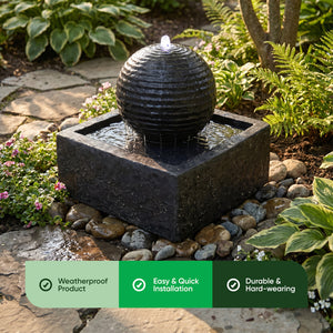 Solar Powered Black Granite-Finish Water Feature with LED Light & Battery Backup
