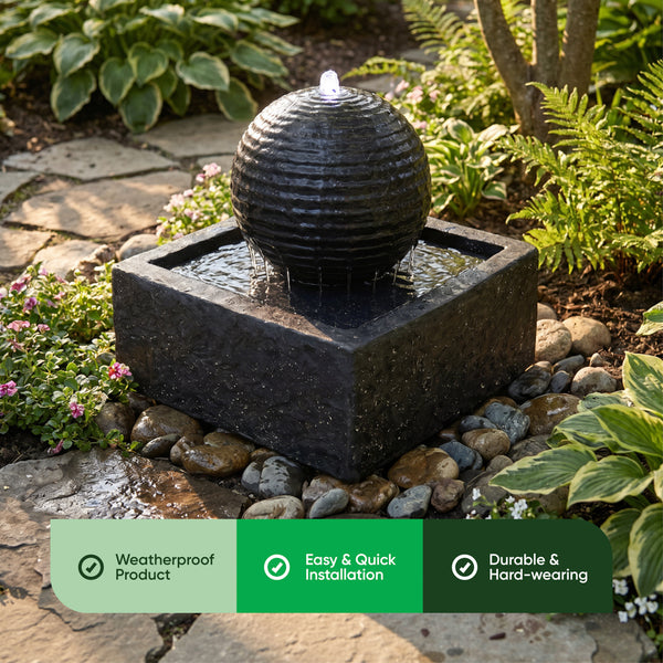 Solar Powered Black Granite-Finish Water Feature with LED Light & Battery Backup