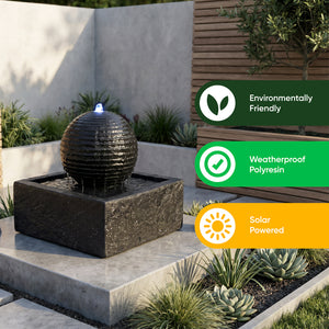 Solar Powered Black Granite-Finish Water Feature with LED Light & Battery Backup