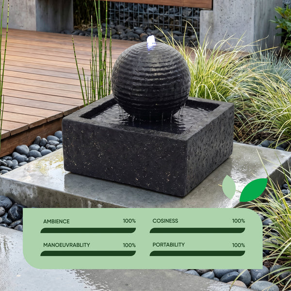 Solar Powered Black Granite-Finish Water Feature with LED Light & Battery Backup