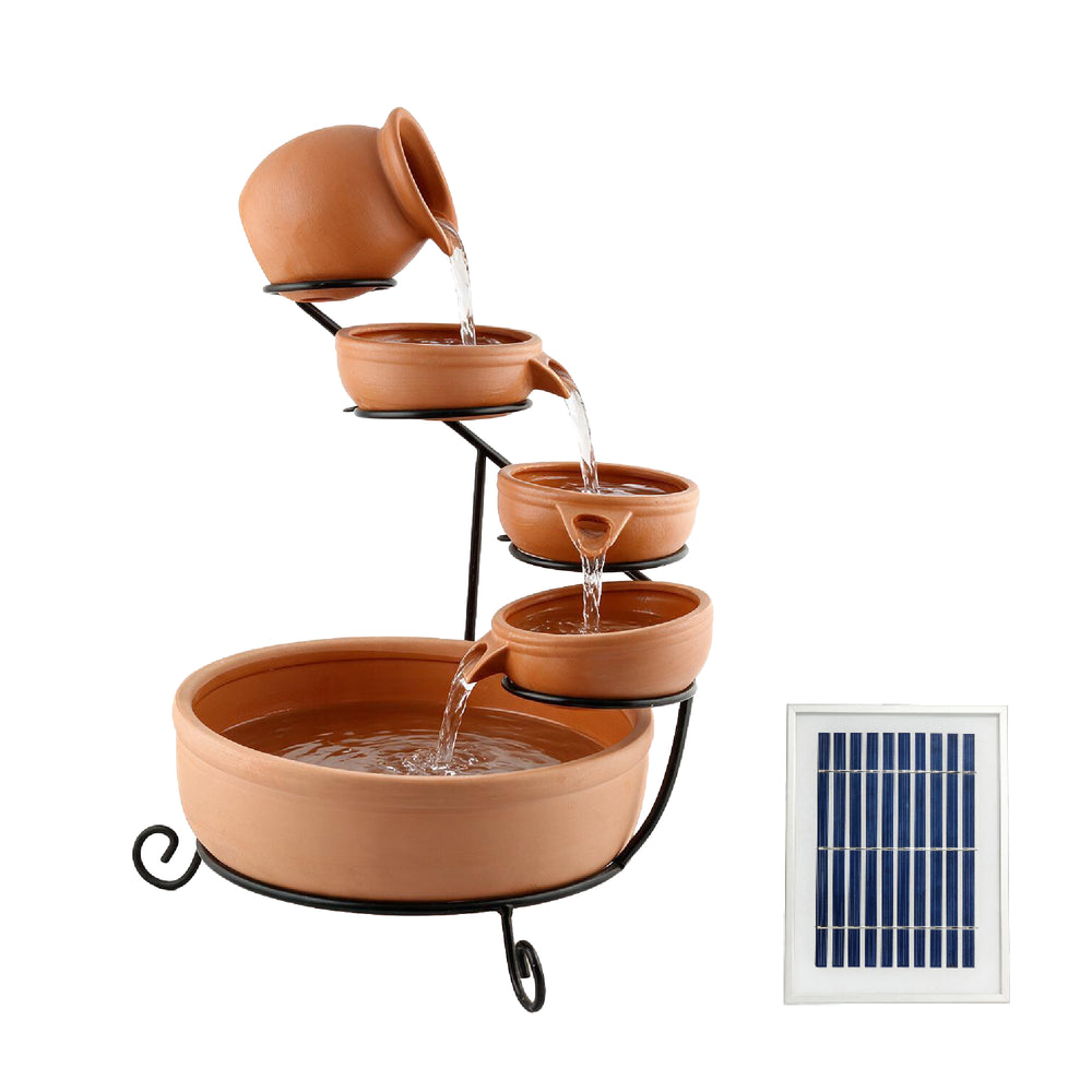 Solar Powered Cascading Terracotta Water Feature – 4 Tier Garden Fountain with Battery Backup
