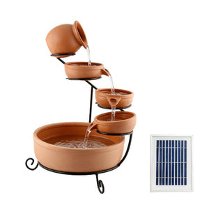 Solar Powered Cascading Terracotta Water Feature – 4 Tier Garden Fountain with Battery Backup