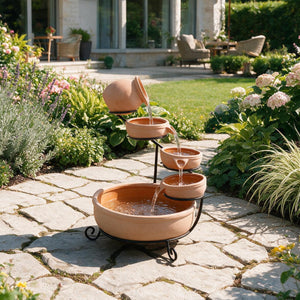 Solar Powered Cascading Terracotta Water Feature – 4 Tier Garden Fountain with Battery Backup