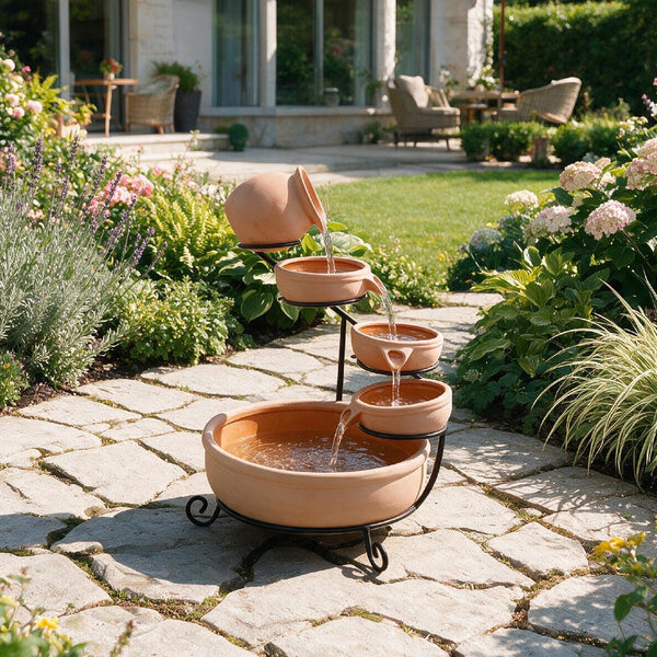 Solar Powered Cascading Terracotta Water Feature – 4 Tier Garden Fountain with Battery Backup