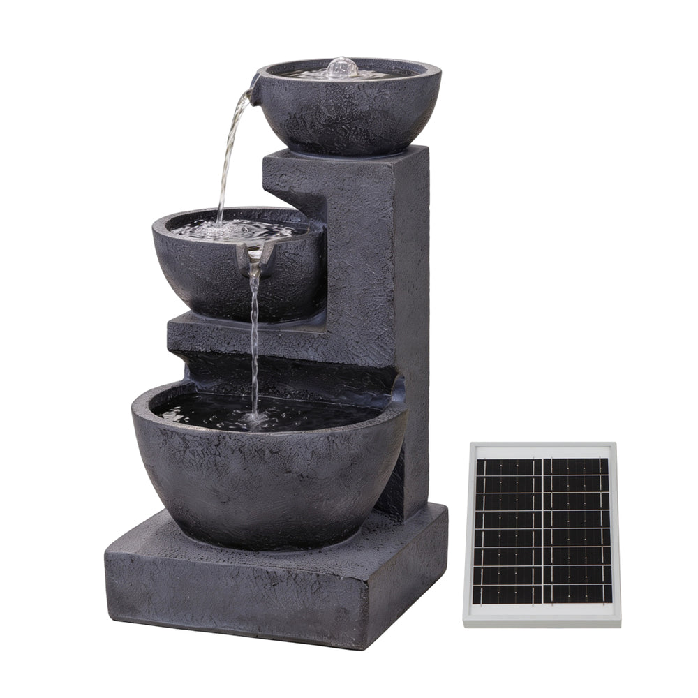 Solar-Powered 4-Tier Cascading Black Ceramic Water Feature with Battery Backup