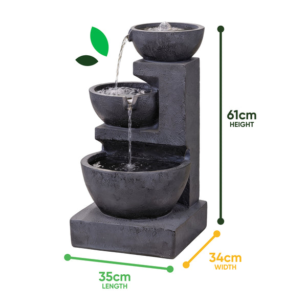 Solar-Powered 4-Tier Cascading Black Ceramic Water Feature with Battery Backup
